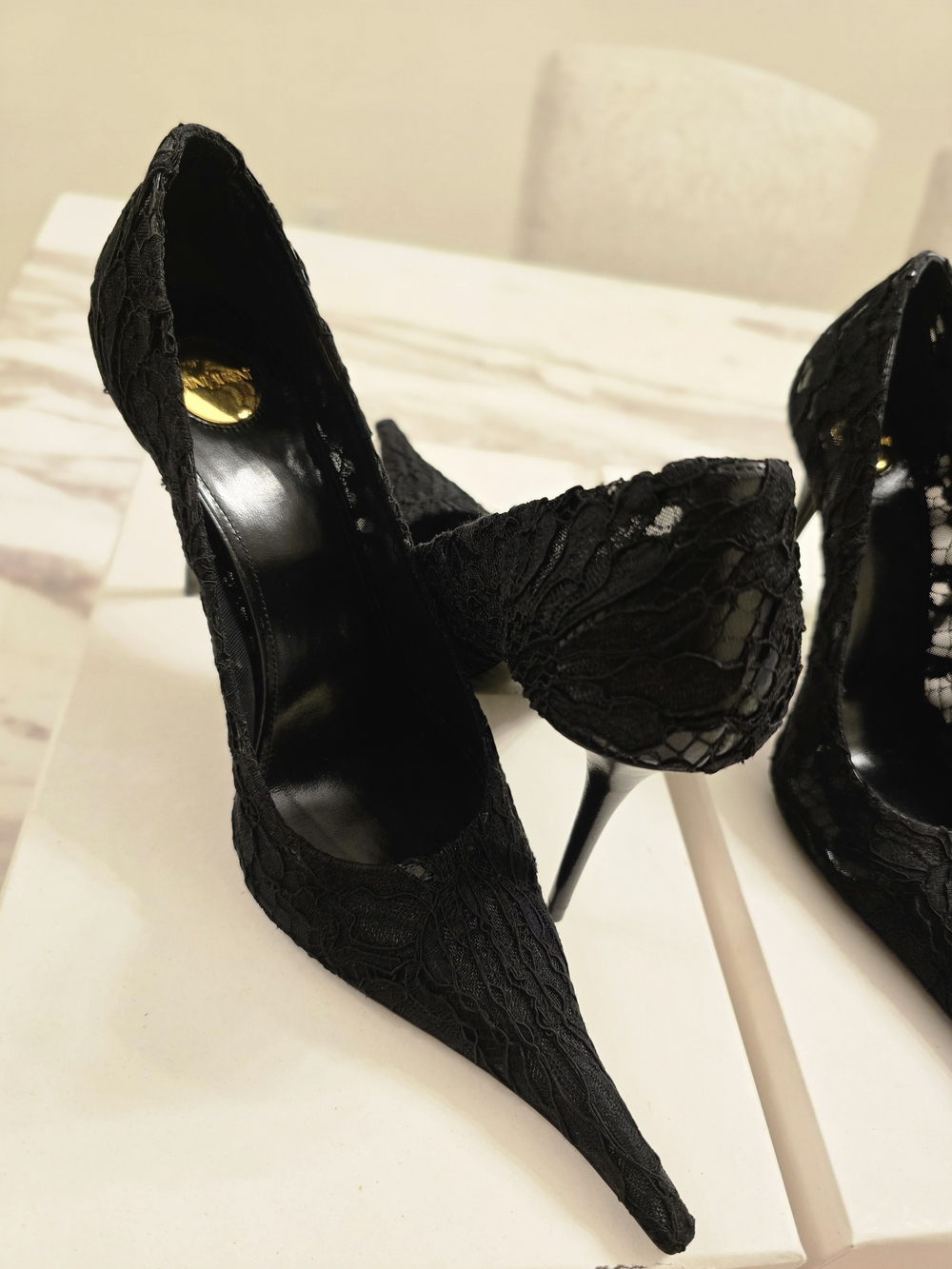 Saint Laurent Black Lace Pointed Stiletto Pumps